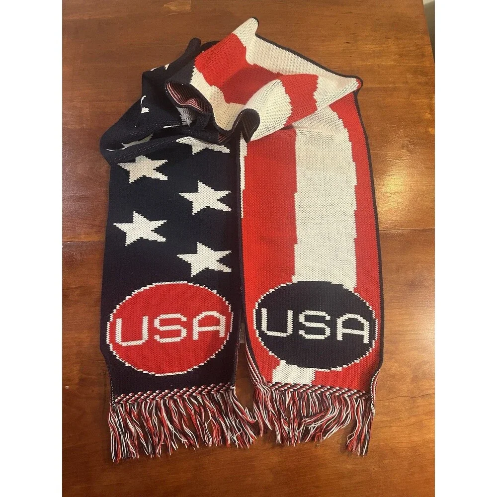 Knitmakers Stars & Stripes Knit Fringe Scarf Acrylic Red White Blue Men's
